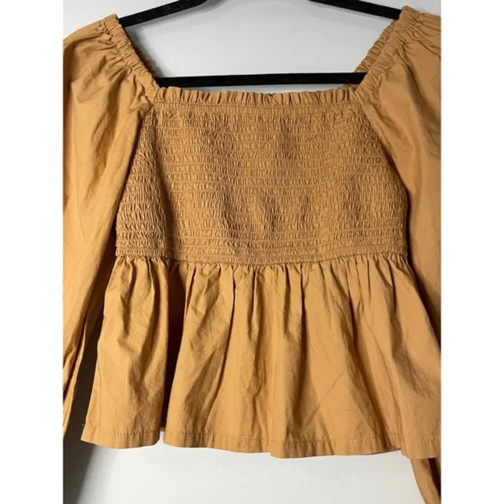 J. Crew‎ Square Neck Smocked Peplum Long Sleeve Top Camel Tan XS